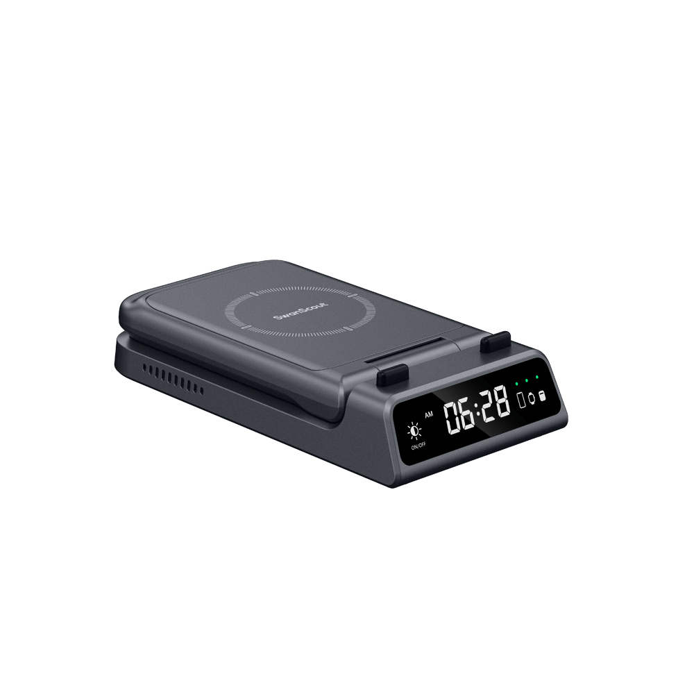 The gray SwanScout 703S folded flat, showing the premium gloss and metallic finish in a portable form factor suitable for office or travel use.