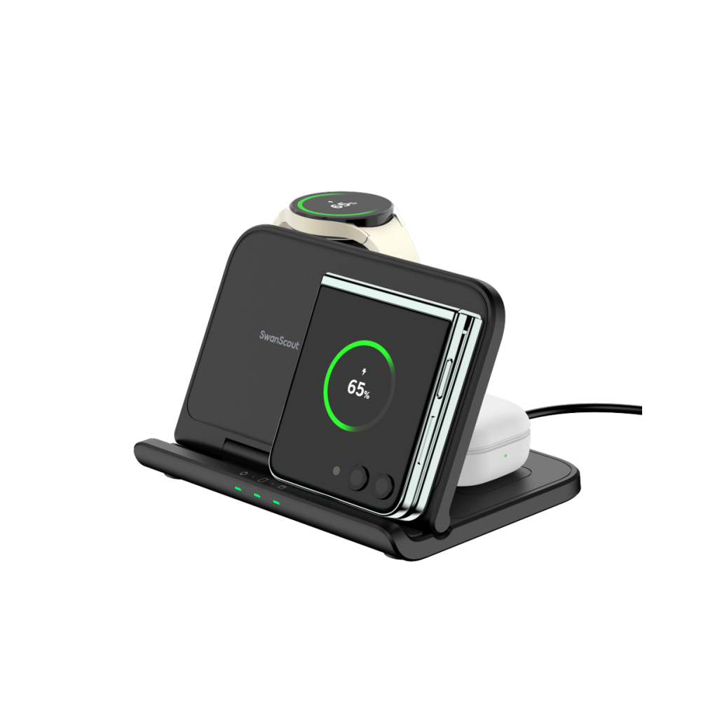 Side-by-side view of a Galaxy Z Flip 7 charging on the SwanScout 705S, demonstrating wide compatibility with smaller foldable Android phones.