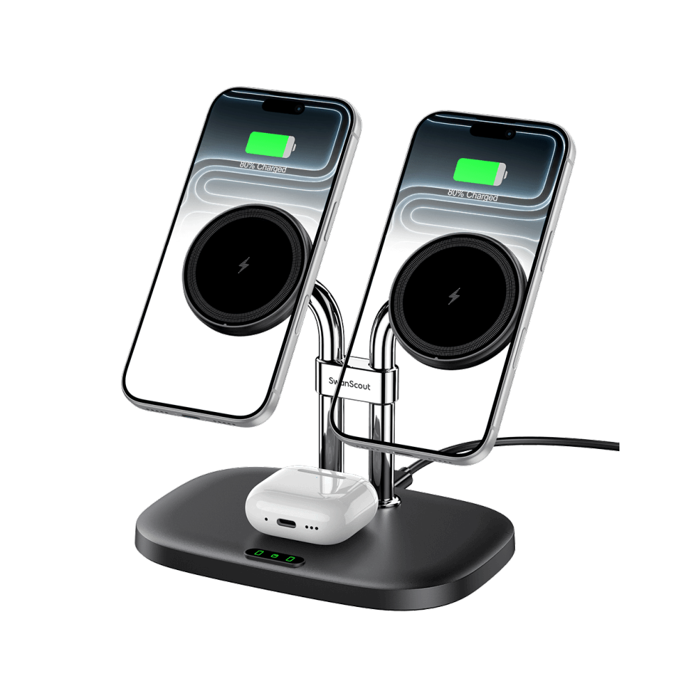 SwanScout 706M black 3-in-1 magnetic charging station, simultaneously powering two iPhones with MagSafe compatibility and AirPods.