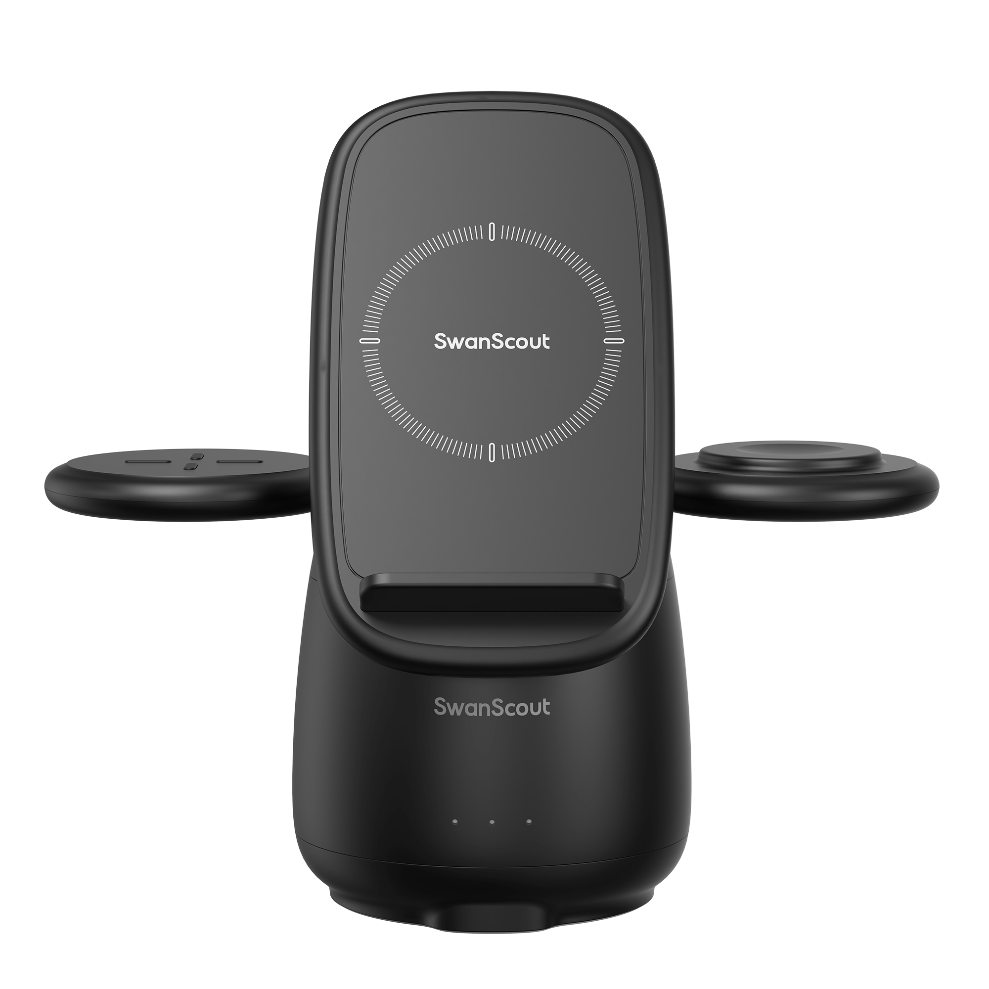 Black SwanScout 707S penguin-shaped wireless charger showing the weighted non-slip base with anti-slip pads for device stability.