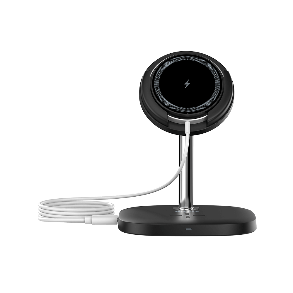 Front view of SwanScout 711M showing the compact foldable design and the dedicated wireless charging spot for AirPods 4 and Pro series.