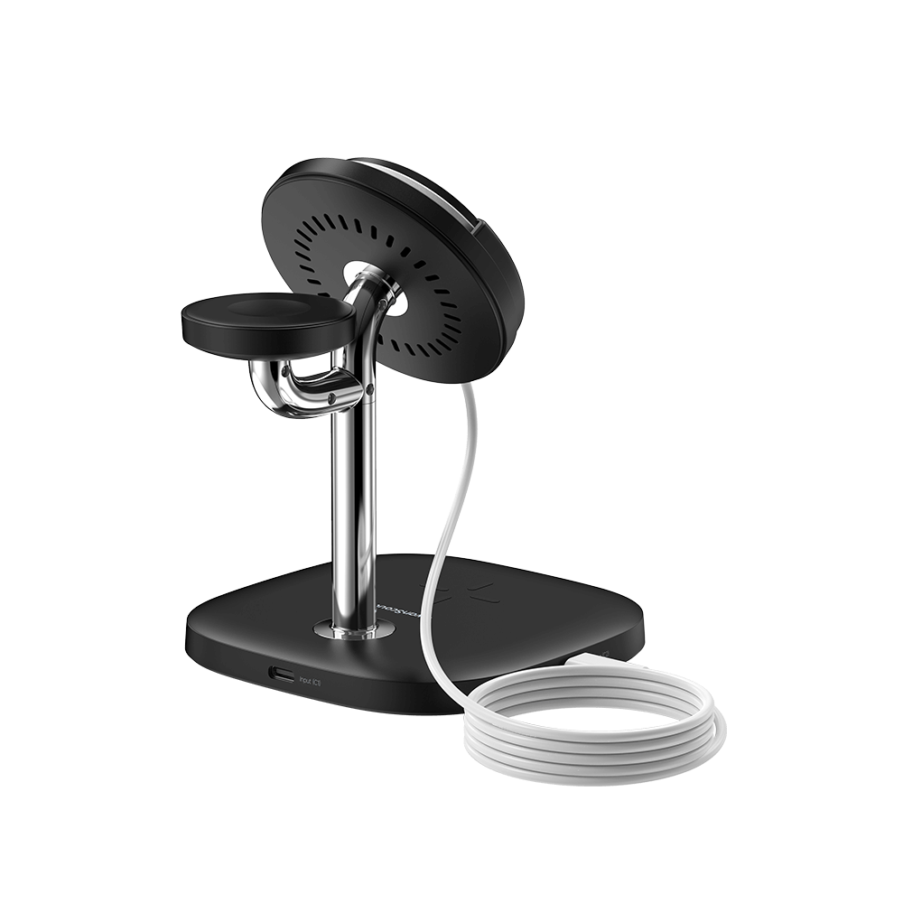 Rear-right view demonstrating the detachable structure and space-saving design, making it an ideal portable charging stand for travel.