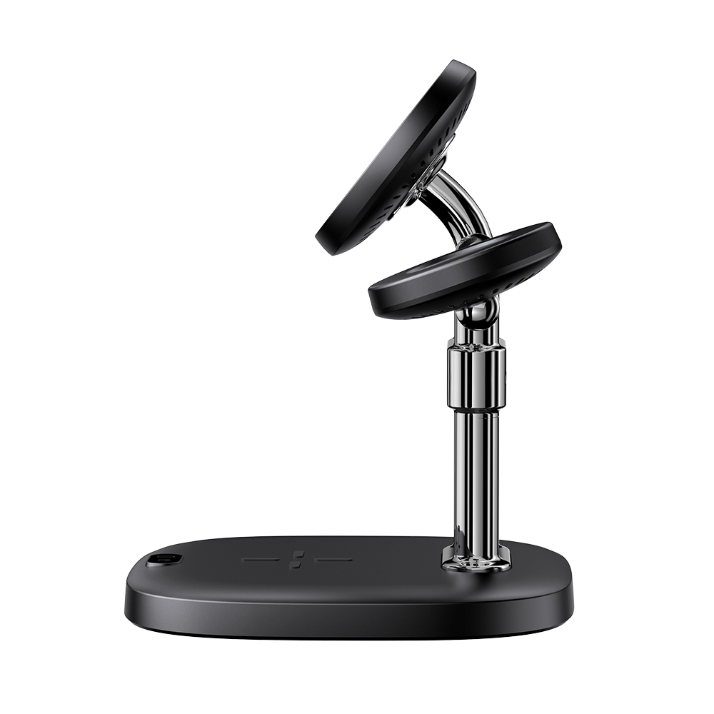 Stand-style charger with elegant black and silver finish