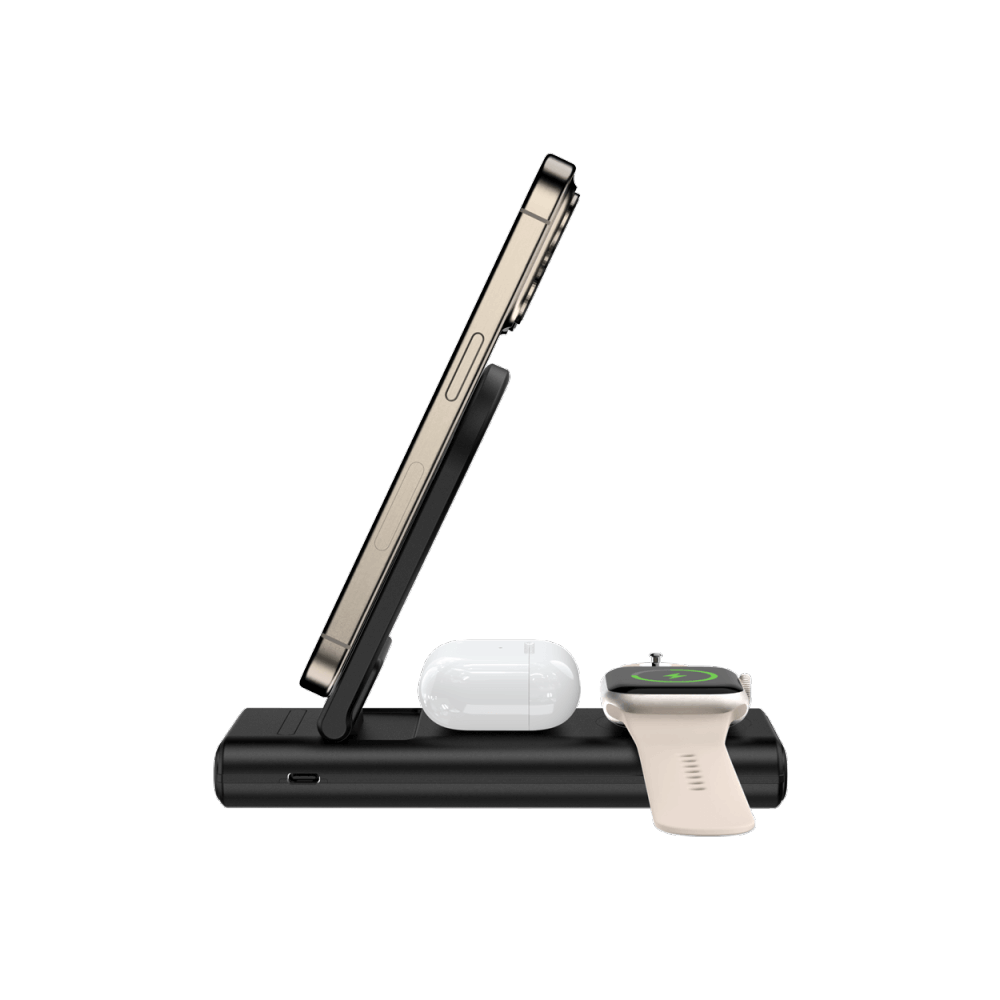 Side view of SwanScout 301M 3-in-1 magnetic power bank charging Apple devices