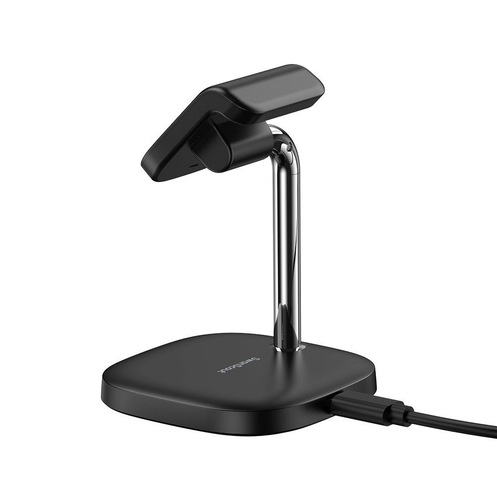 Rear-right angled view showing the professional finish and stable base of the SwanScout 505FC portable charging stand for travel