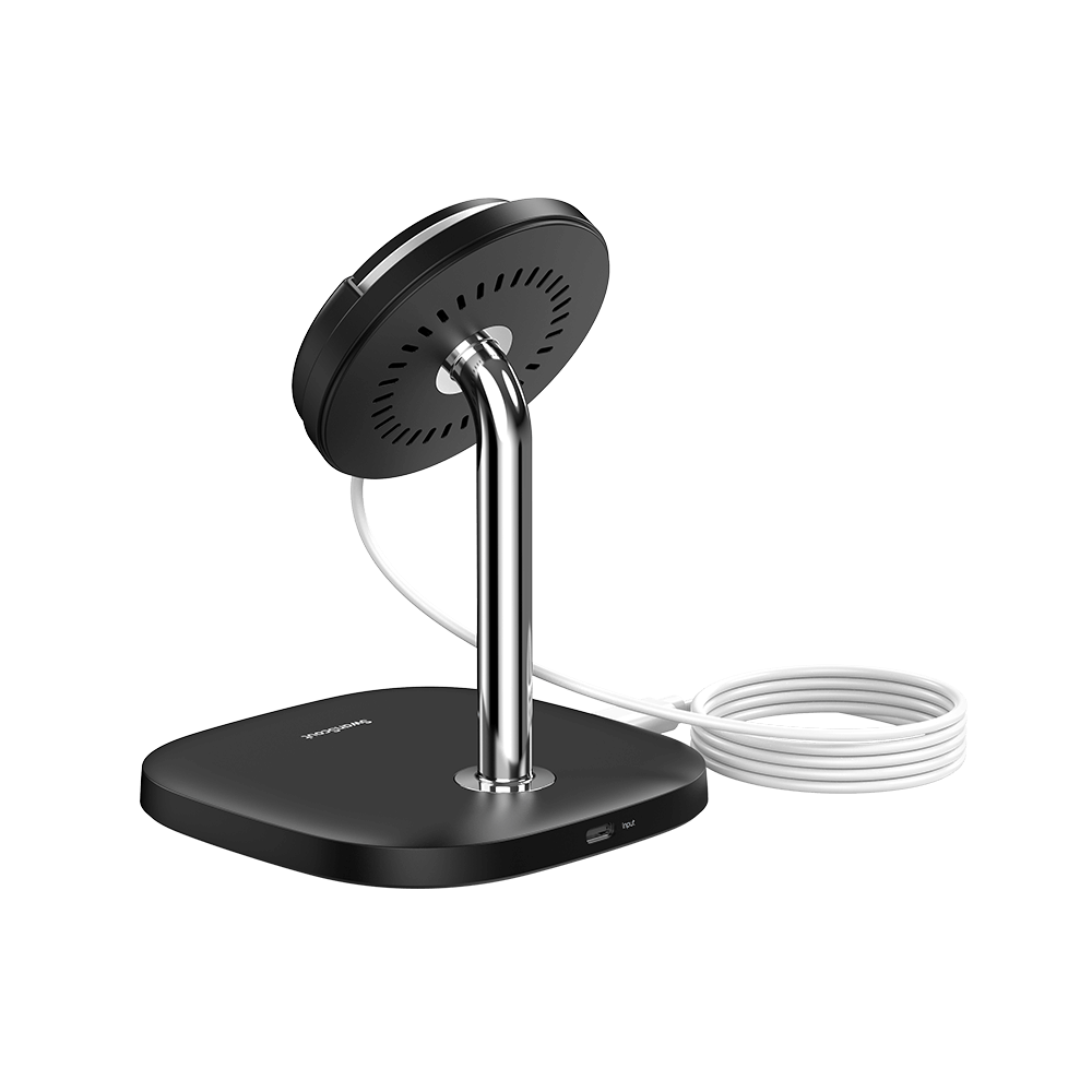 SwanScout 506M magnetic wireless charger for iPhone, foldable travel charger with weighted base and detachable design.