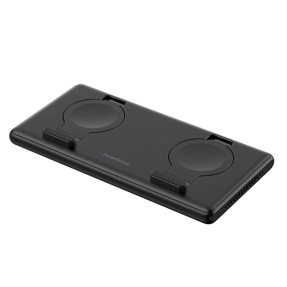 Foldable SwanScout 507DS dual Samsung watch charger, portable and pocket-sized for convenient travel charging.