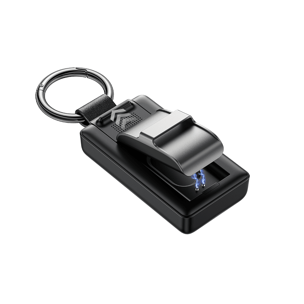 Keychain charger for Hume Band 1.0 with tracker charging in the open dock SwanScout 513