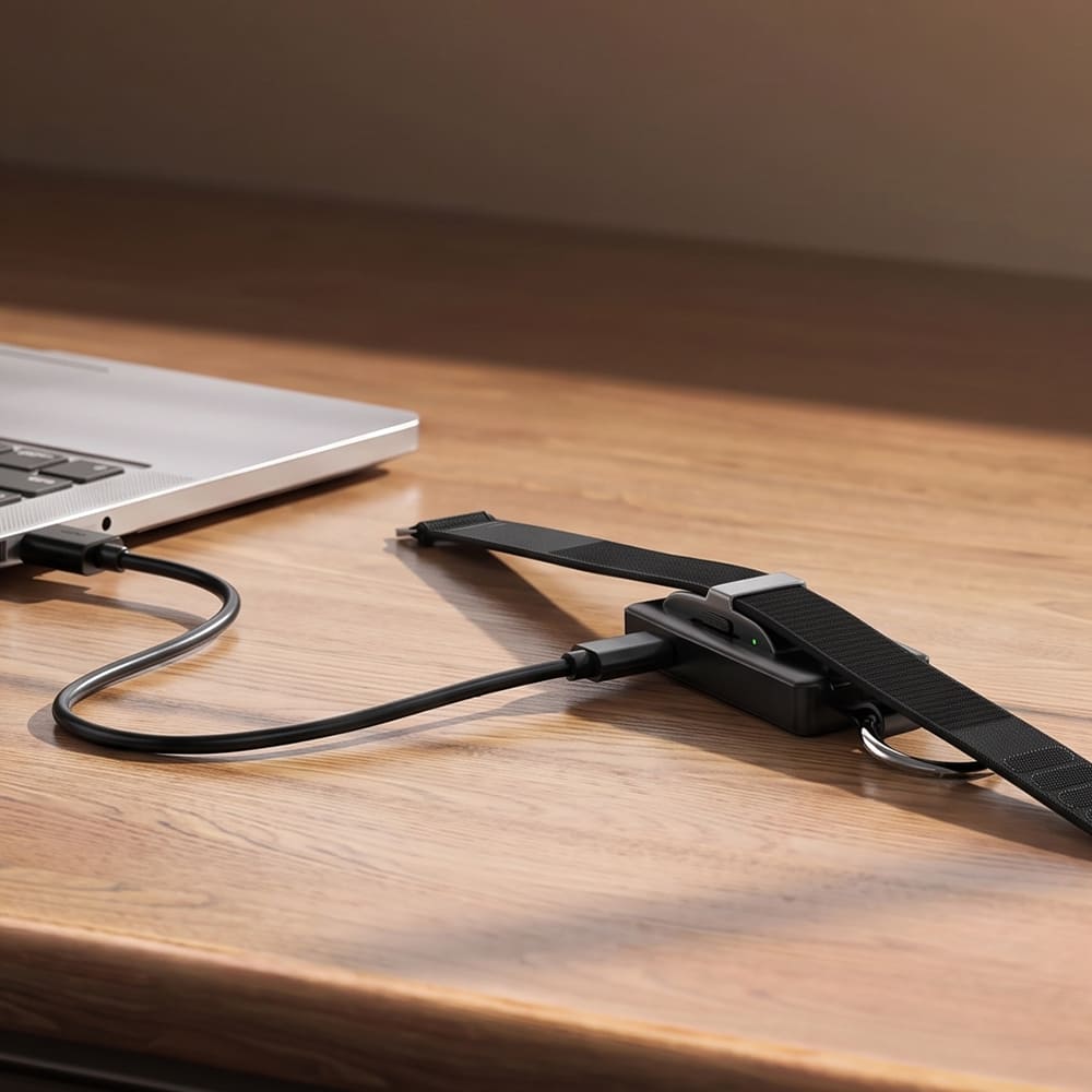 Hume Band 1.0 charger plugged into laptop USB A port on wooden desk with SwanScout 513