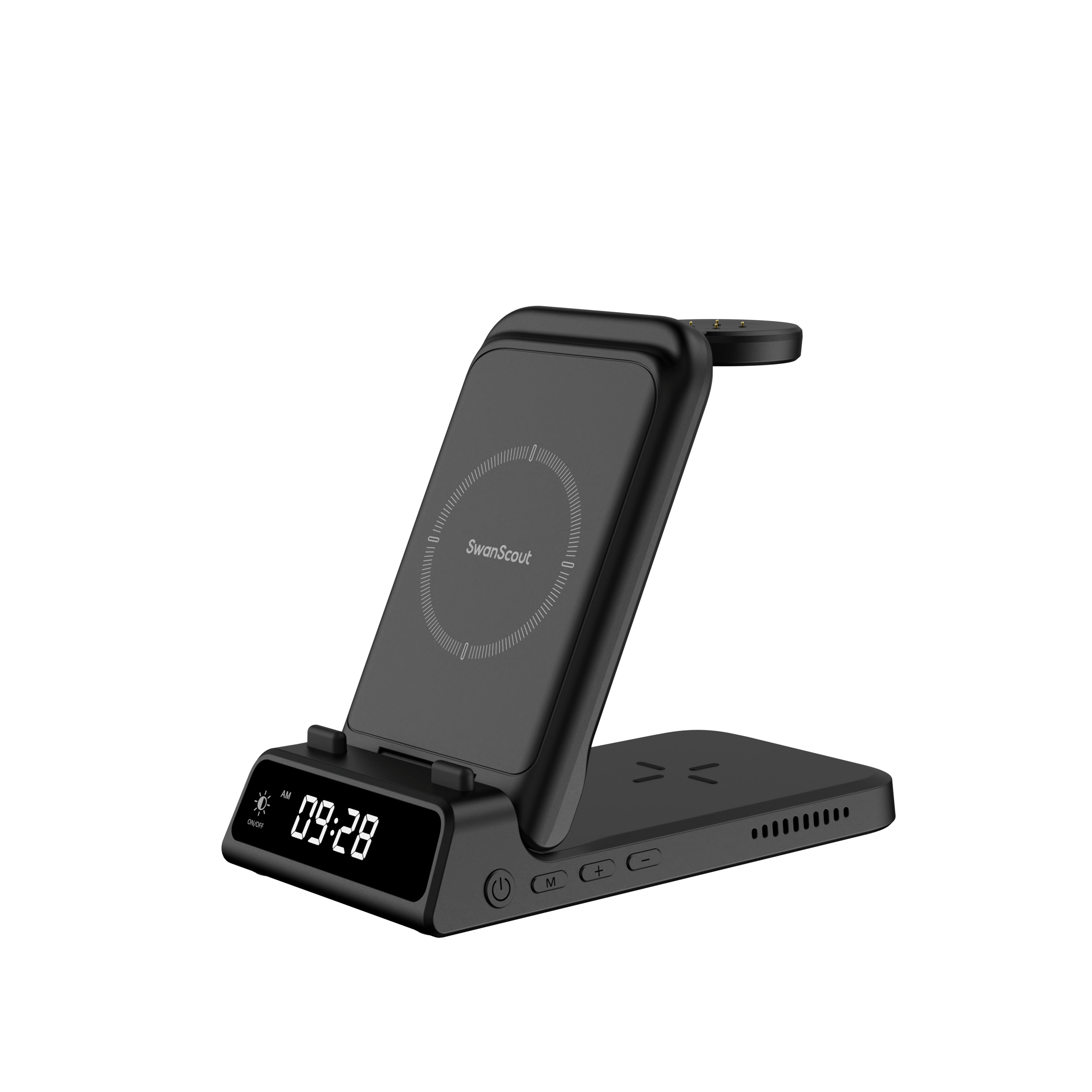 Front view of SwanScout 703G2 featuring a clear digital clock display and dedicated wireless charging spots for Google Pixel devices and earbuds