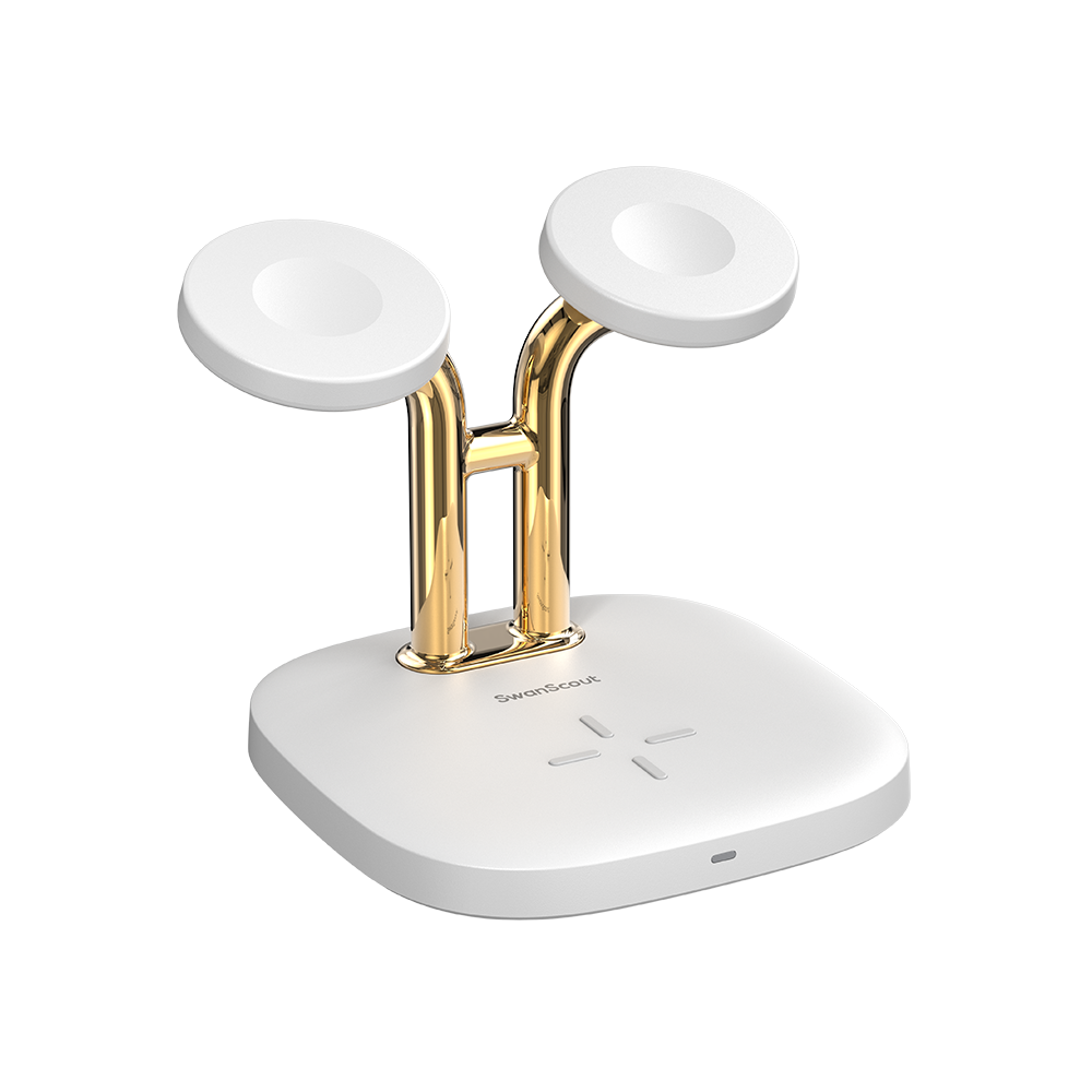 SwanScout 704A in white and gold finish, combining a premium aesthetic with functional dual watch charging for Apple Watch Ultra and SE series