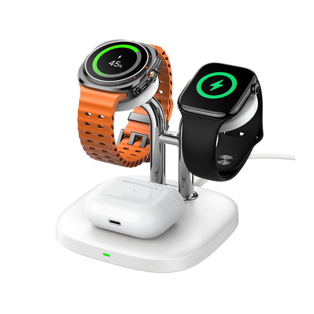 SwanScout 704D 3-in-1 wireless charging station simultaneously powering an Apple Watch, a Samsung Galaxy Watch, and wireless earbuds