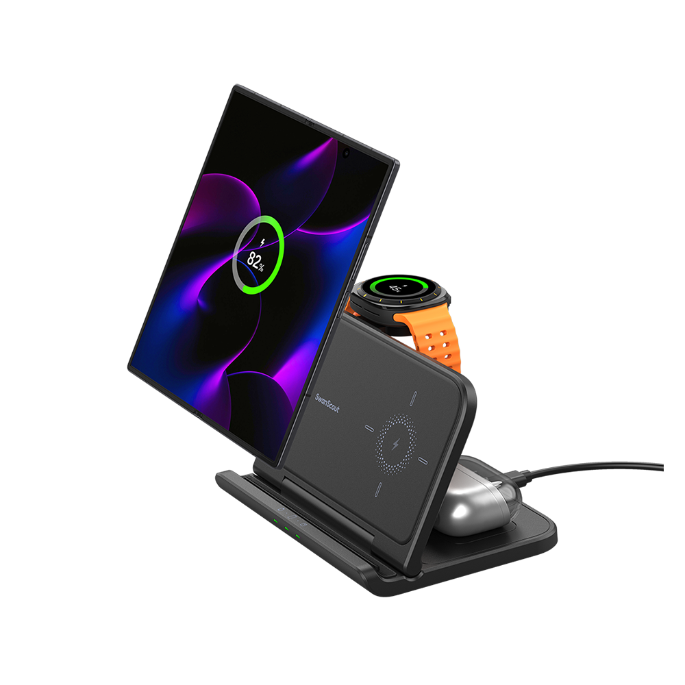 SwanScout 705S 3-in-1 charger with a Galaxy Z Fold 6 unfolded mode, simultaneously charging Galaxy Watch 8 and Buds 3 Pro