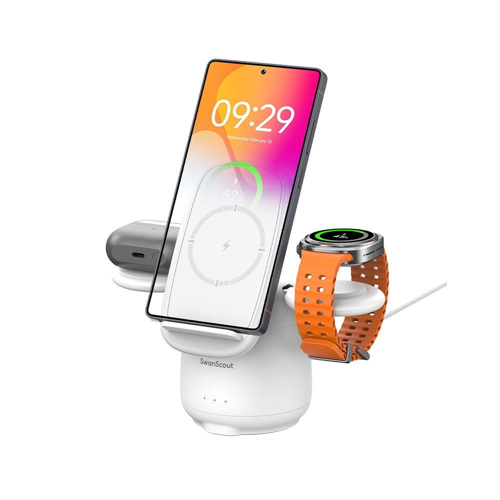 SwanScout 707S penguin-shaped 3 in 1 wireless charging station in white, simultaneously charging a Samsung phone, Galaxy Watch, and earbuds