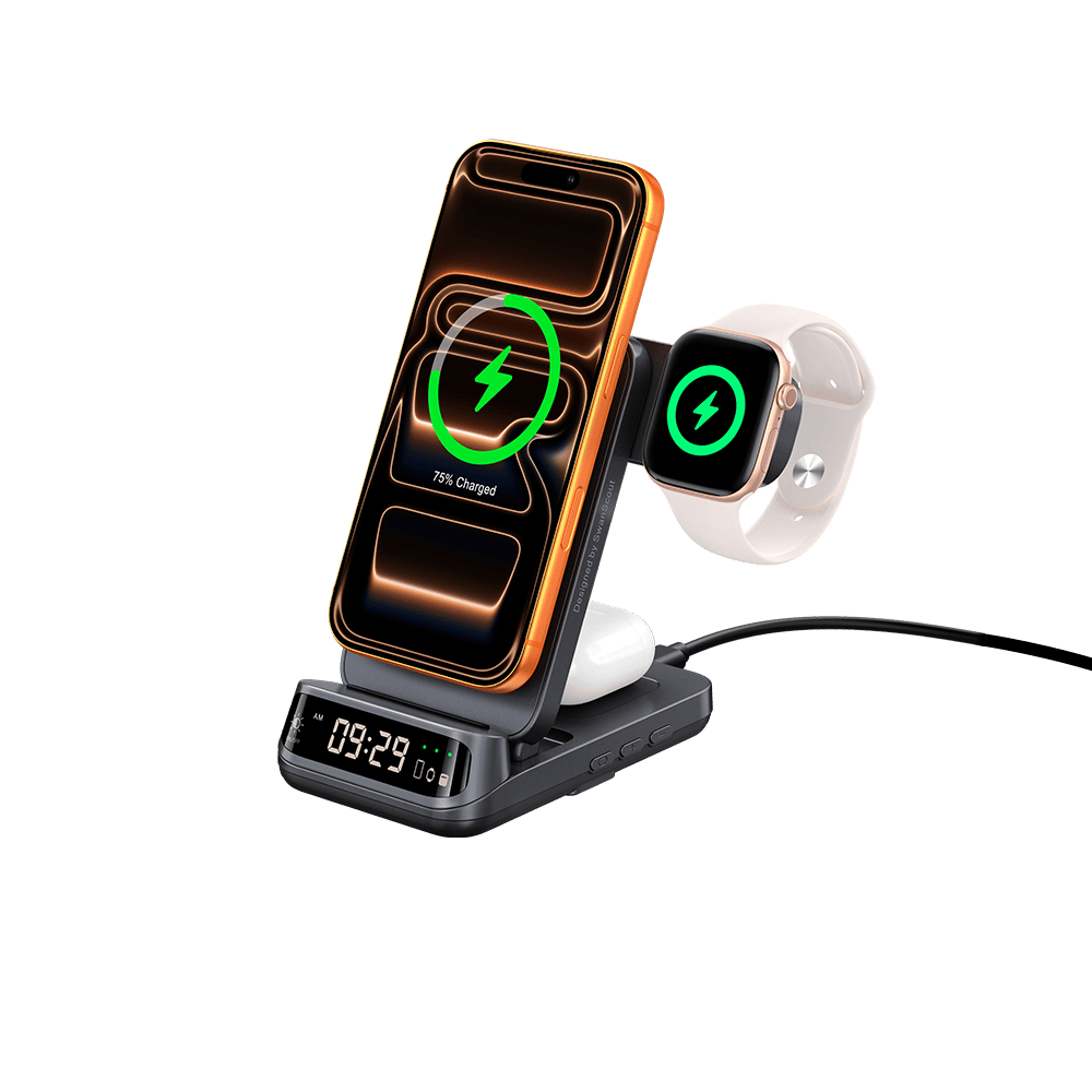 SwanScout 708M 25W magnetic wireless charger for Apple, showing iPhone and Apple Watch on a 3-in-1 magnetic charging stand at a 45-degree angle.