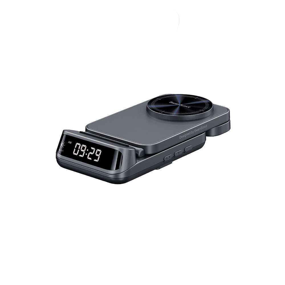 SwanScout 708M 25W magnetic wireless charger for Apple devices, compact foldable charging station with storage mode.