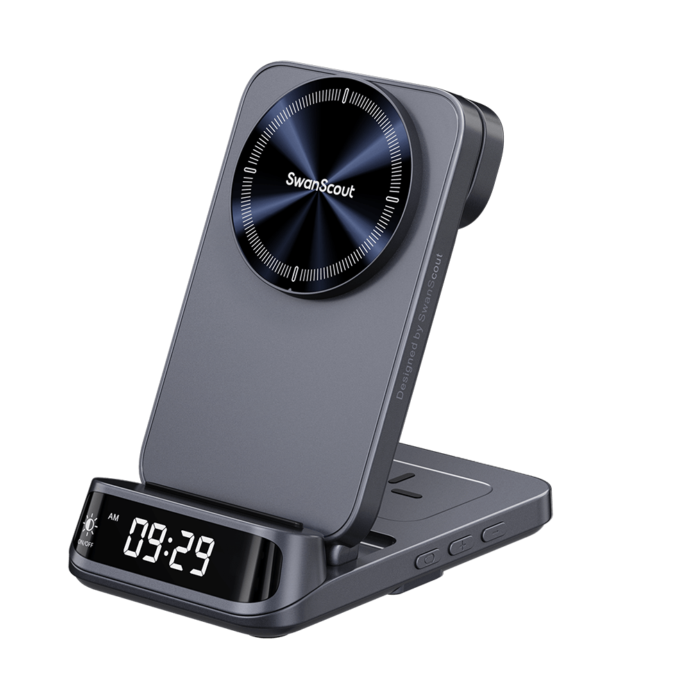 SwanScout 708SM 3-in-1 magnetic wireless Samsung charger with clock, foldable design, right side profile view