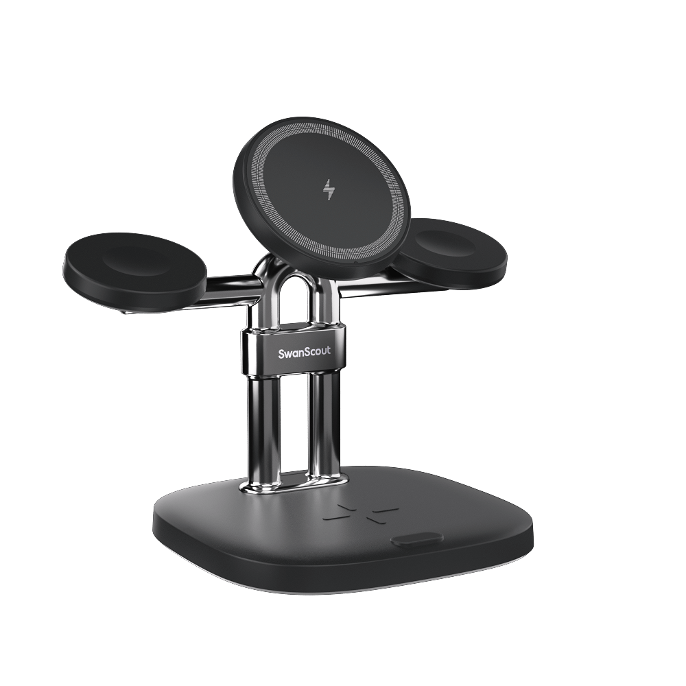 Black SwanScout 709M 4-in-1 magnetic wireless charger compatible with Apple MagSafe, featuring integrated magnets for secure charging.