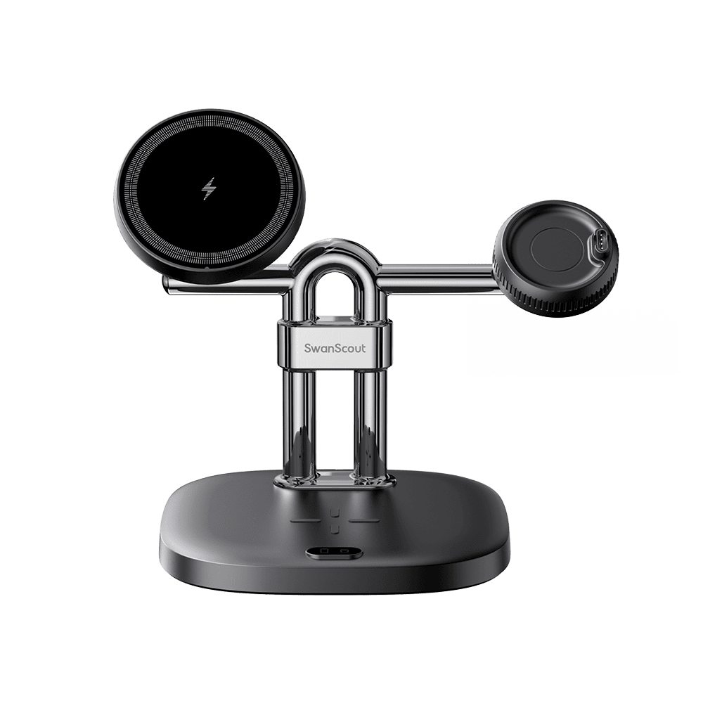 SwanScout 712GM magnetic charging station front view with adjustable Garmin watch charger