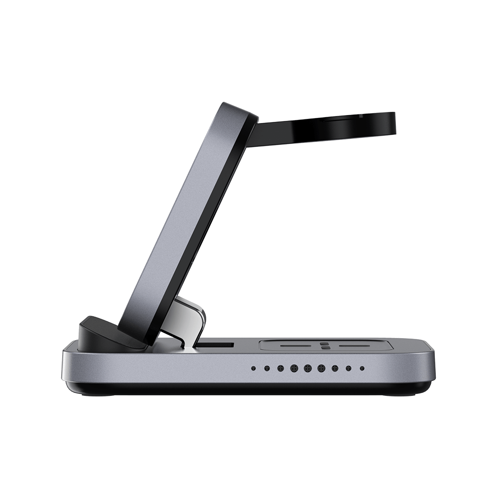 SwanScout 713A foldable 3-in-1 wireless charger for Apple, showing ergonomic landscape charging profile in the Apple ecosystem.