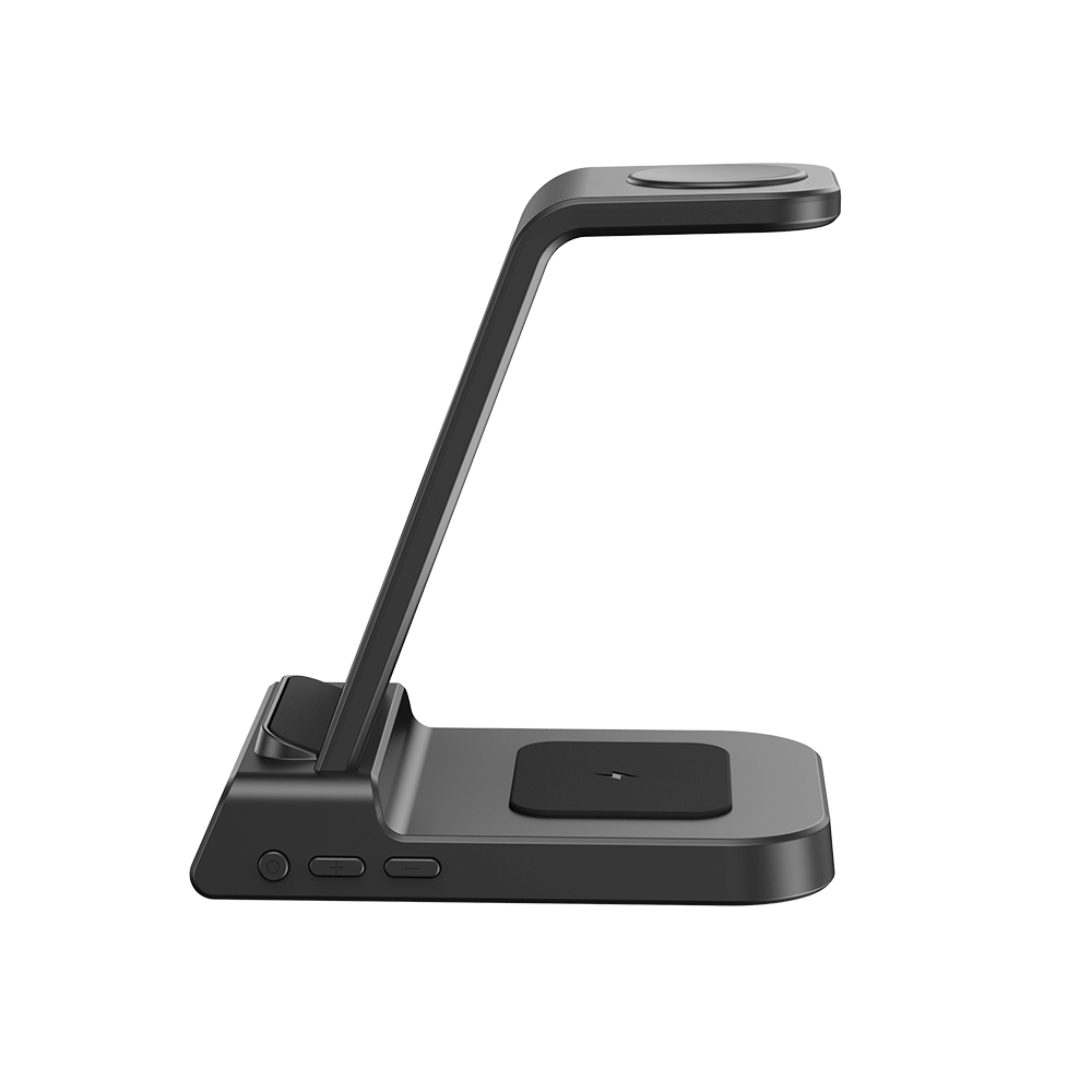 SwanScout C01 3-in-1 wireless charging stand for Samsung, side profile view showing space-saving design and multiple device charging.
