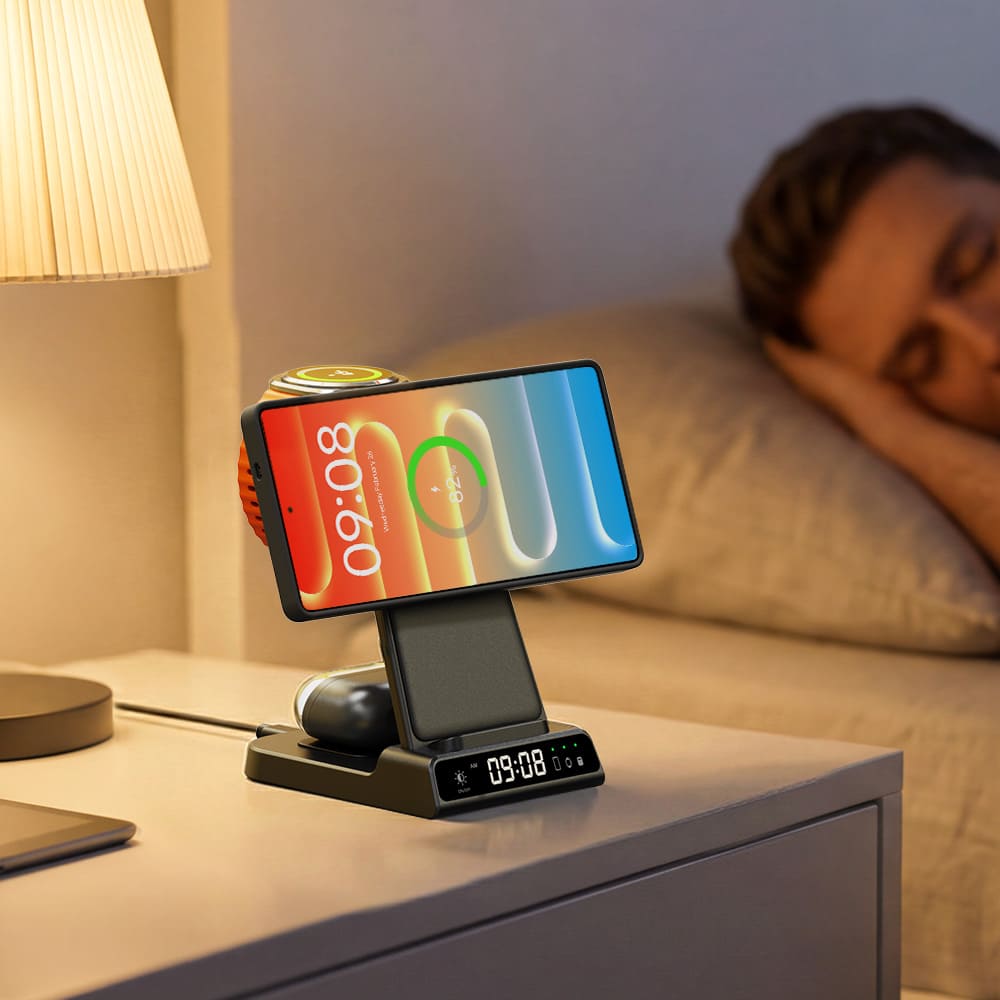 Samsung wireless charging station on bedside table with LED clock display charging Galaxy devices in nightstand setup for sleep friendly use SwanScout C01SM