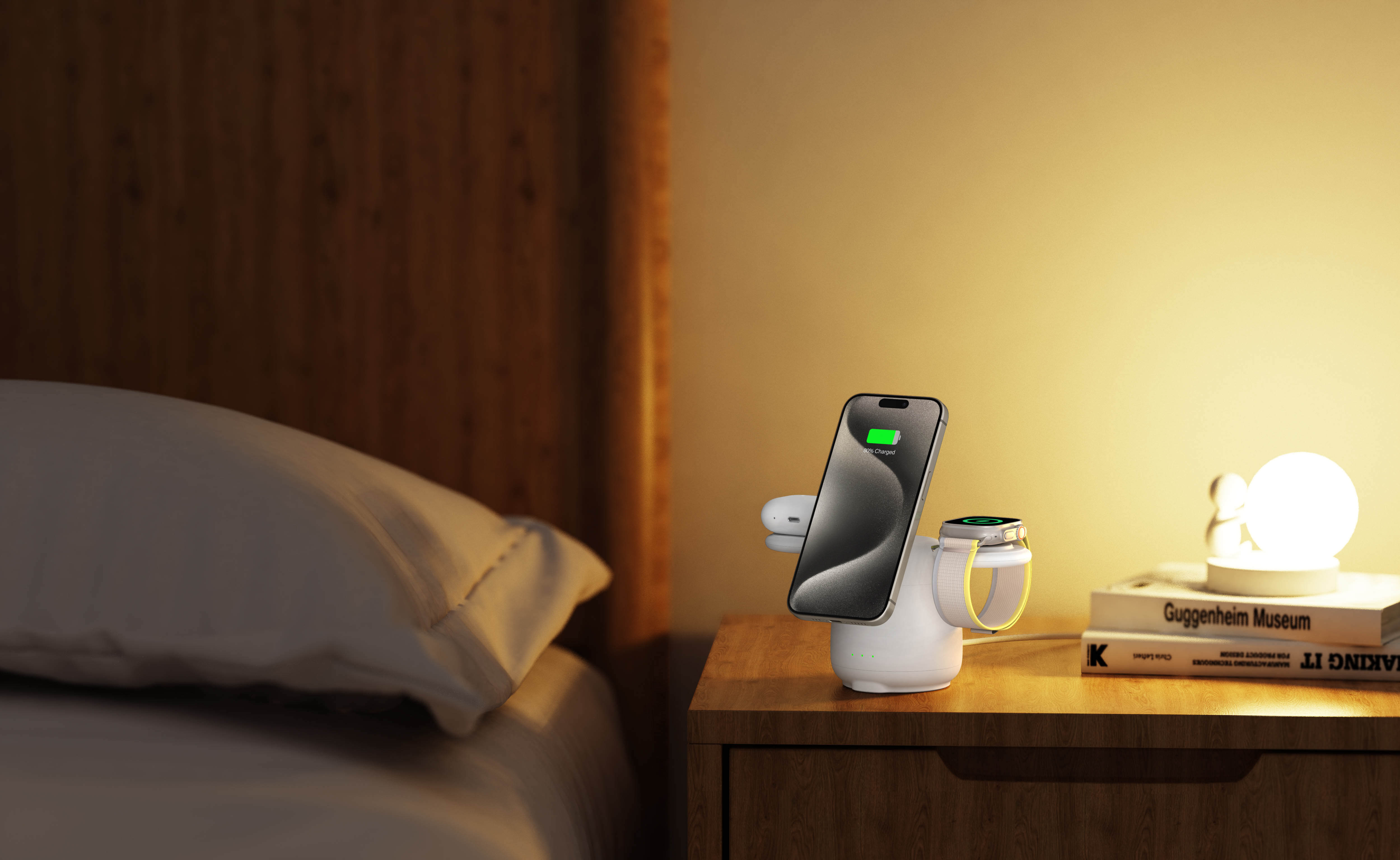 SwanScout 707M charging station placed on a mother’s bedside table.
