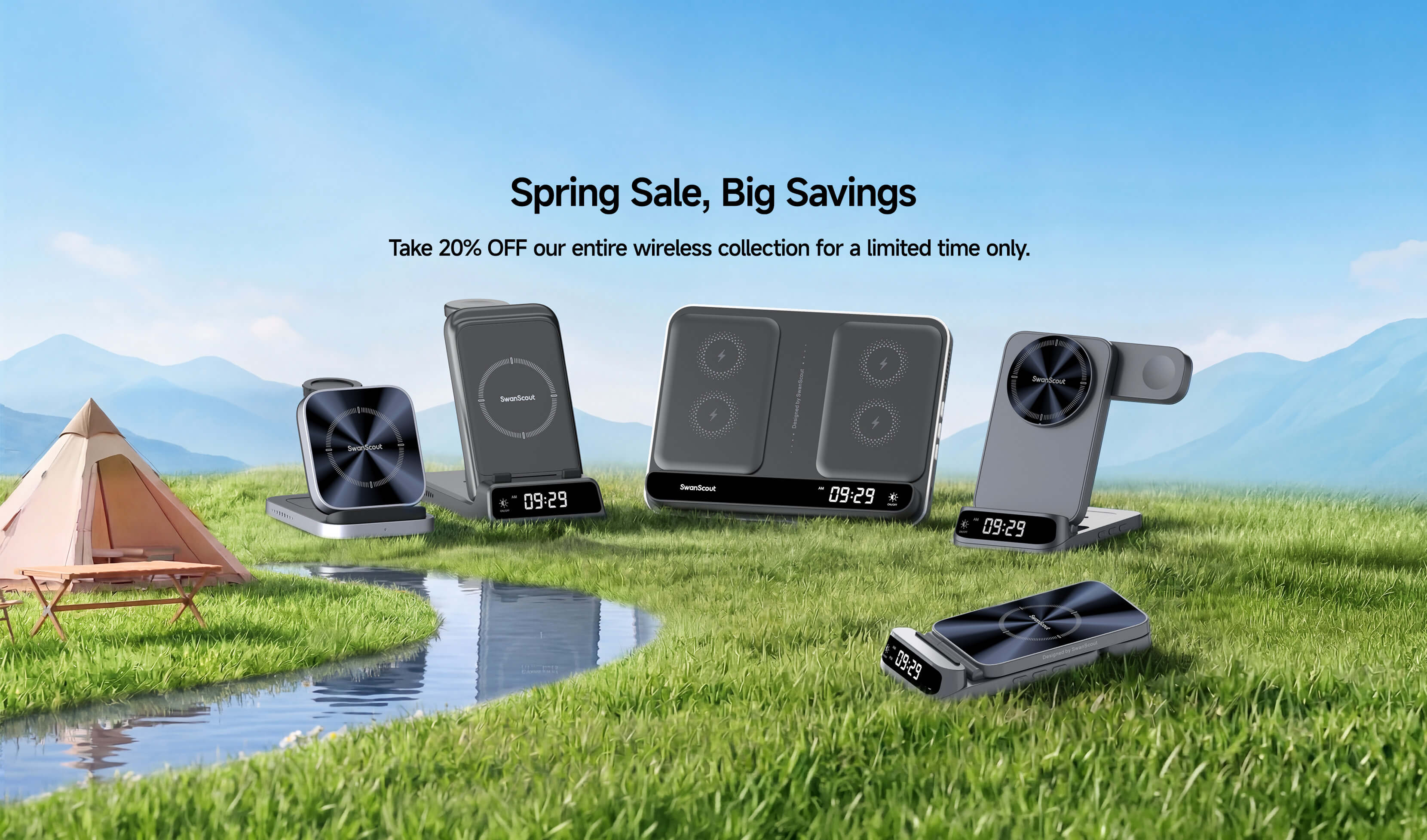 SwanScout wireless charging stations spring 2026 sale in a natural landscape with grass and river