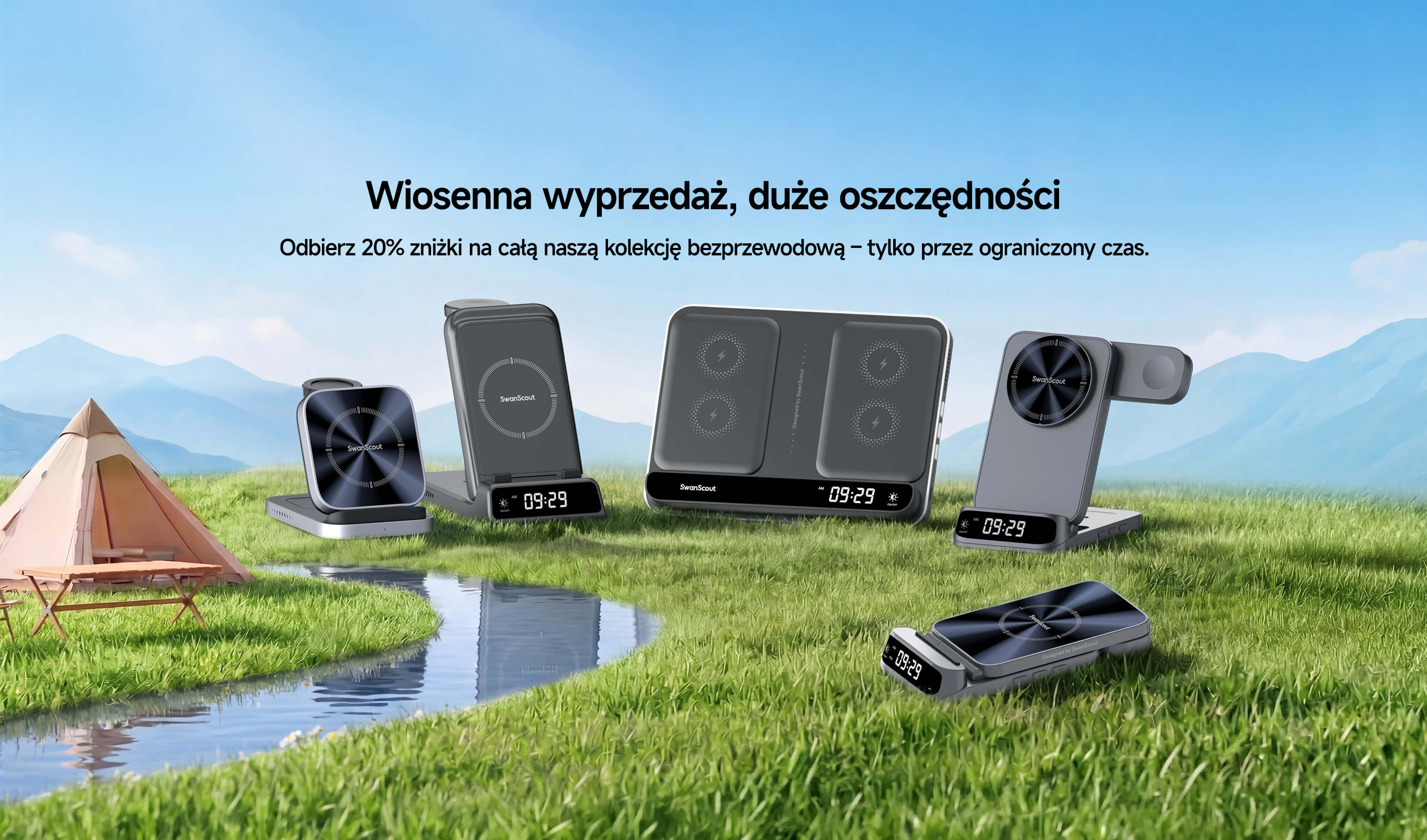 Stacje ładowania bezprzewodowego SwanScout promocja wiosna 2026 w naturalnym otoczeniu z trawą i rzeką