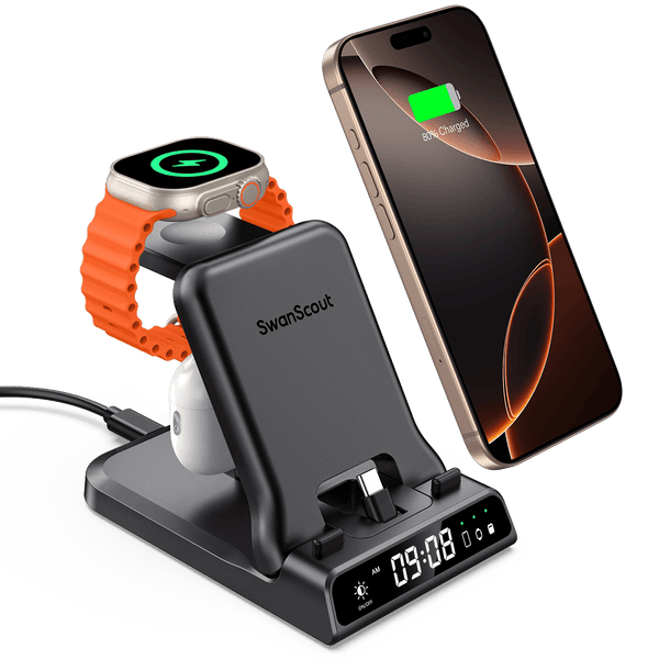 SwanScout 701AC is a wired charger compatible with Apple devices, with a USB-C port.