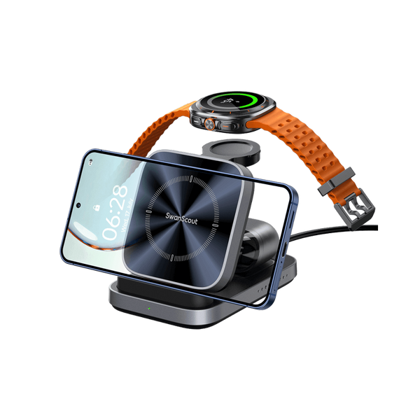 SwanScout 713S - شاحن لاسلكي قابل للطي 3 في 1 لسامسونج