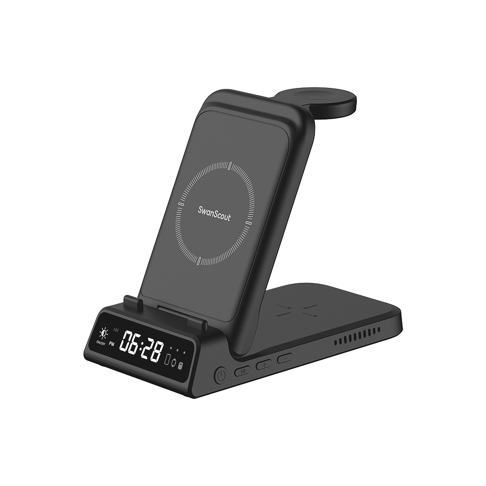 Front view of SwanScout 703A wireless charger highlighting the integrated digital clock with adjustable brightness settings for comfortable nighttime use.