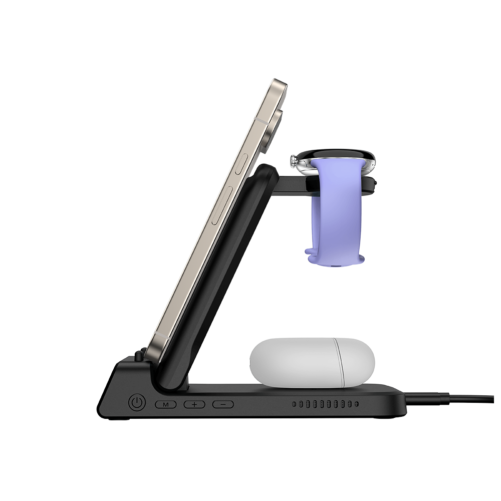 Side view of SwanScout 703G2 showing the foldable stand profile, specifically designed for Pixel Watch 2 and 3 (not compatible with Pixel Watch 1).