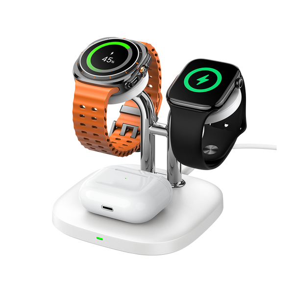 SwanScout 704D 3-in-1 wireless charging station simultaneously powering an Apple Watch, a Samsung Galaxy Watch, and wireless earbuds.