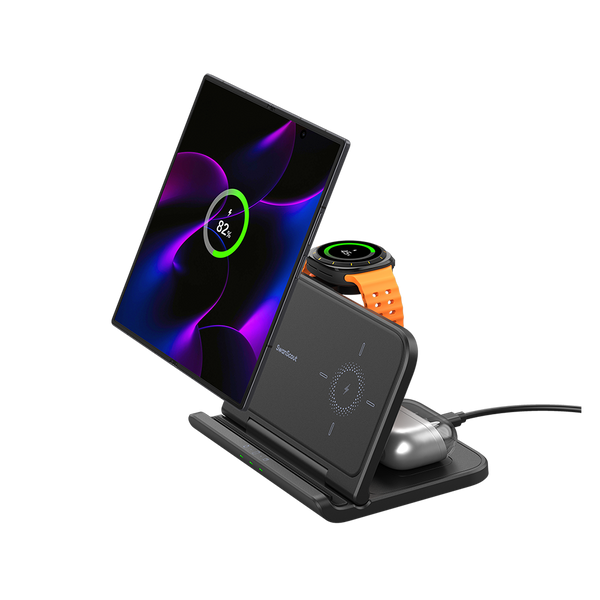 SwanScout 705S 3-in-1 charger with a Galaxy Z Fold 6 unfolded mode, simultaneously charging Galaxy Watch 8 and Buds 3 Pro.