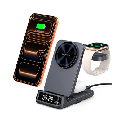 SwanScout 708M 3-in-1 magnetic wireless station charging iPhone 16 Pro Max, Apple Watch 10, and AirPods with a curved 3D LED clock display.