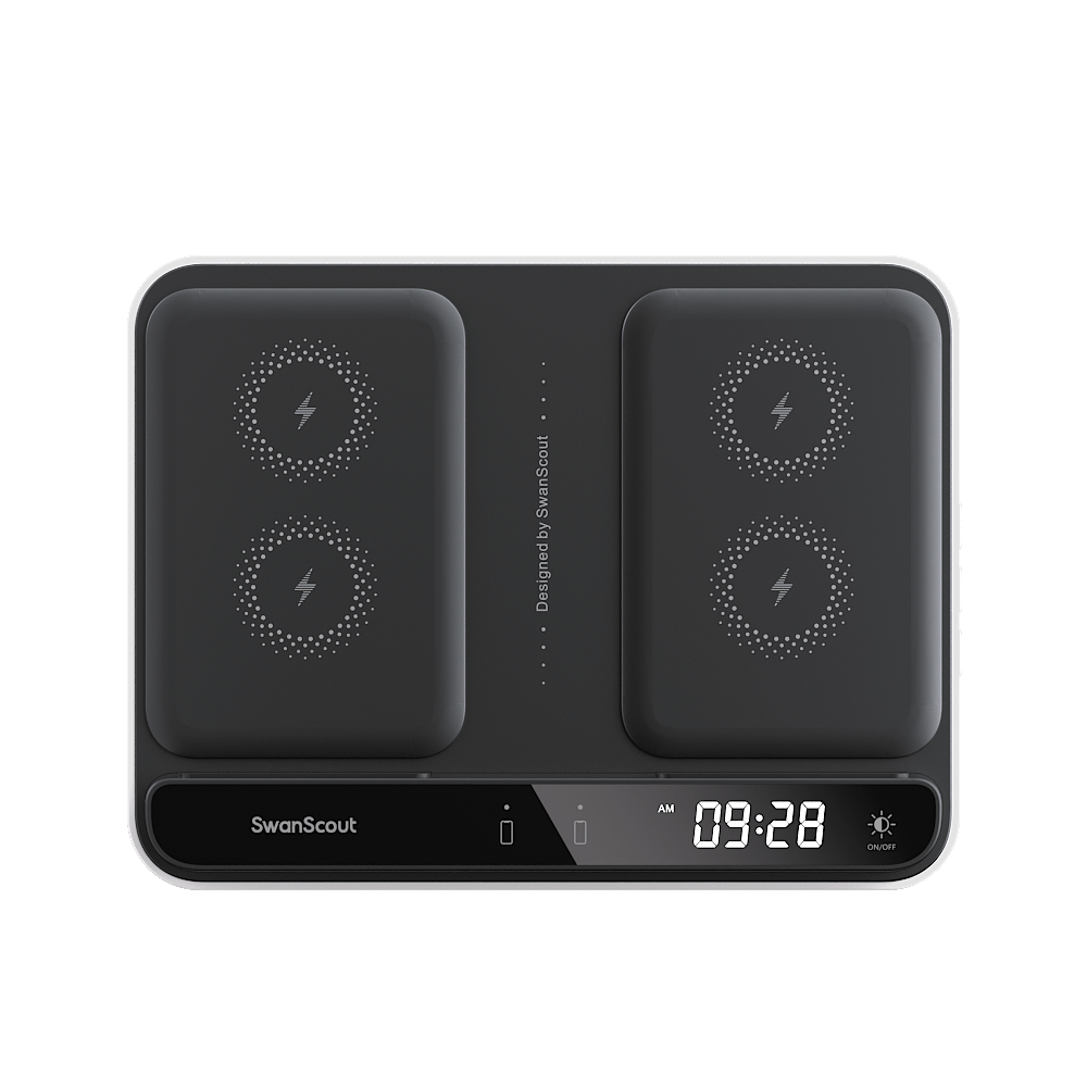 Front view of SwanScout 710FS highlighting the touch clock display with 4 brightness levels and the clean black and white finish.
