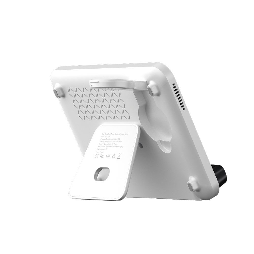 Rear-right view of the foldable SwanScout 710FS, demonstrating its compact design and dedicated 3W charging spot for Galaxy Watch 8.