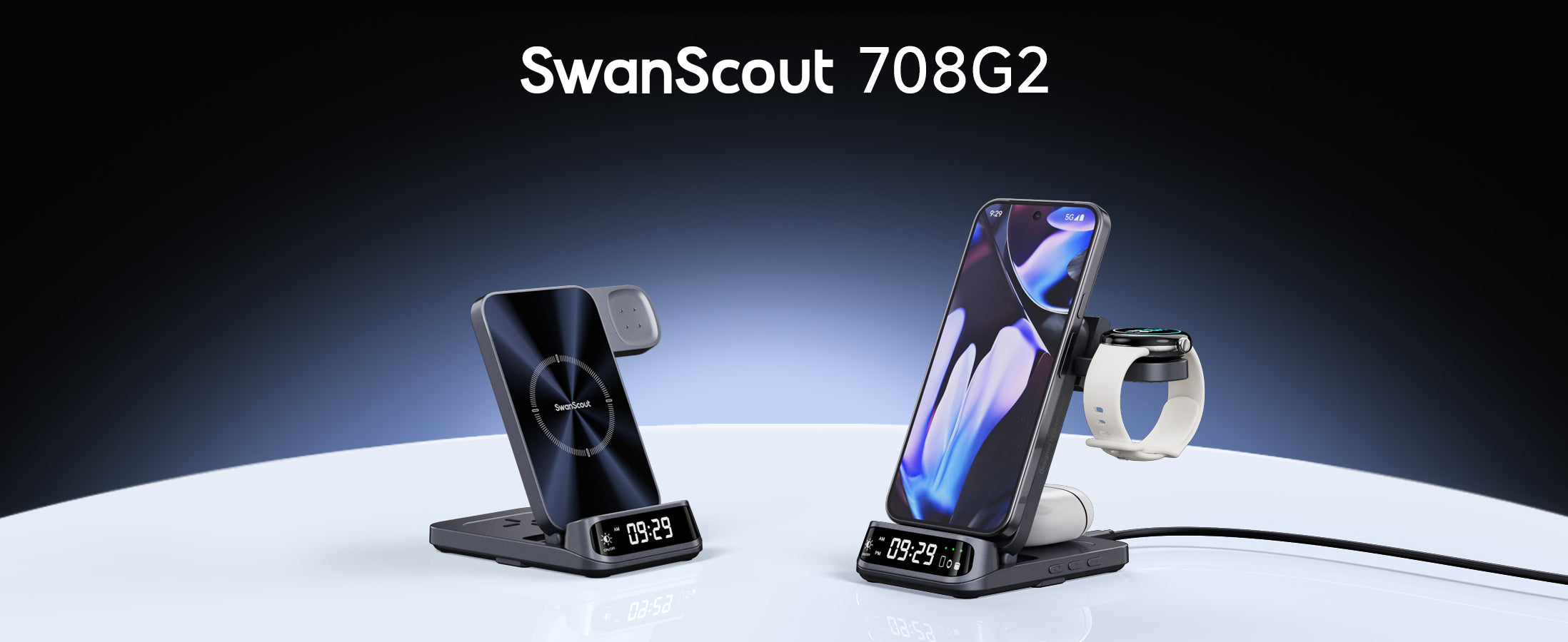 SwanScout 708G2 3-in-1 Google wireless charger powering phone, watch, and earbuds simultaneously