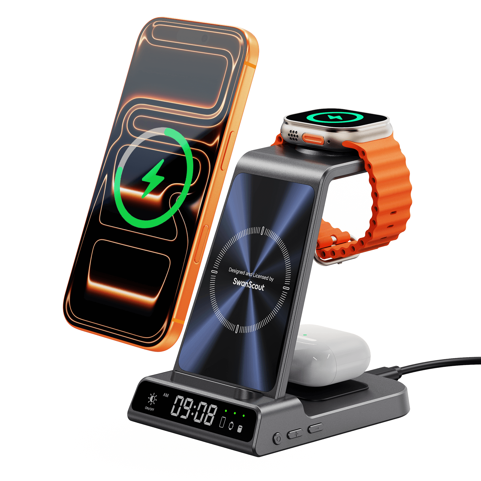 SwanScout C02 – 3-in-1 langaton latausteline Apple-laitteille