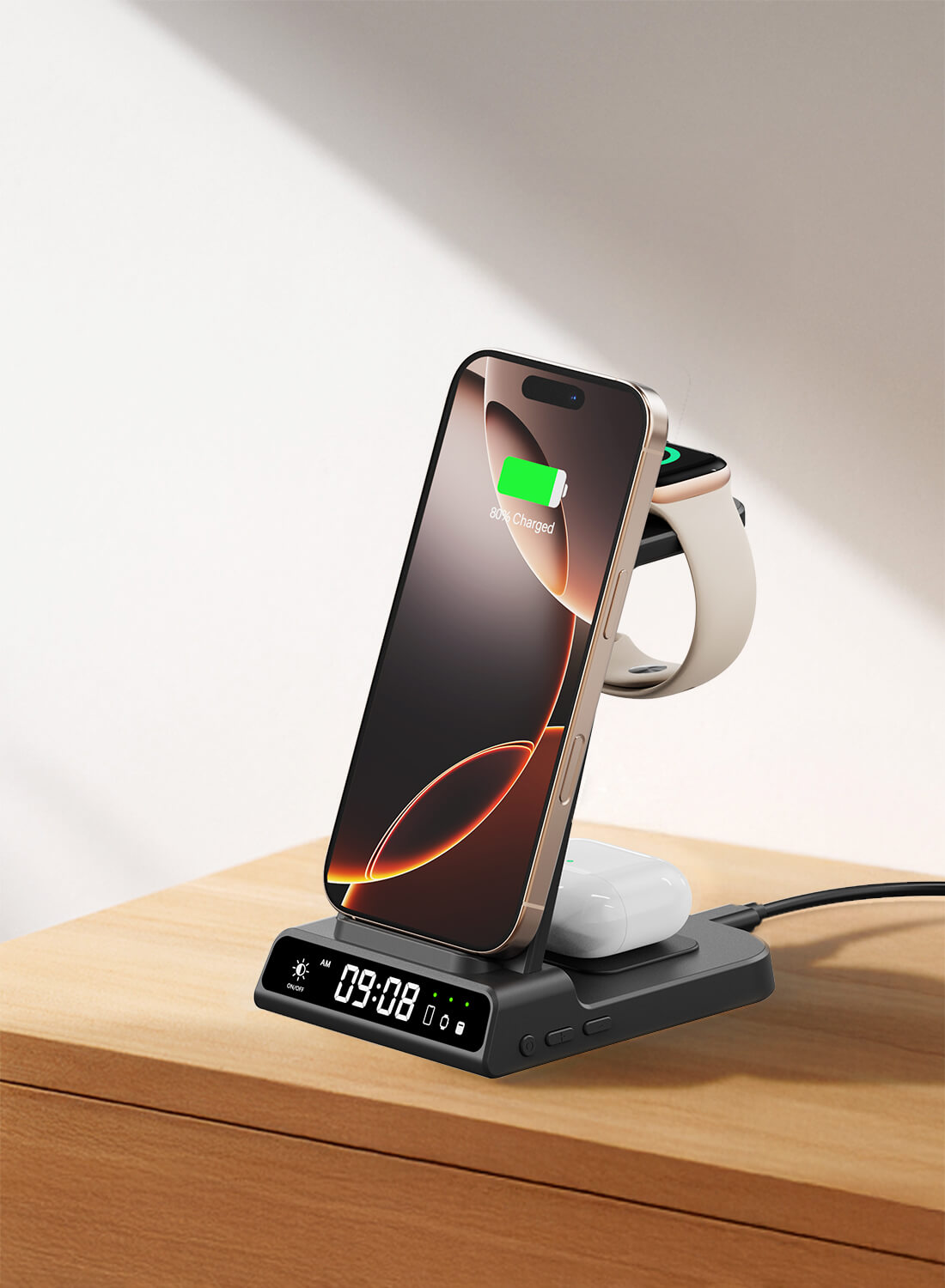 The vertical module on the SwanScout C02 functions as a sleek Apple Watch charger stand.