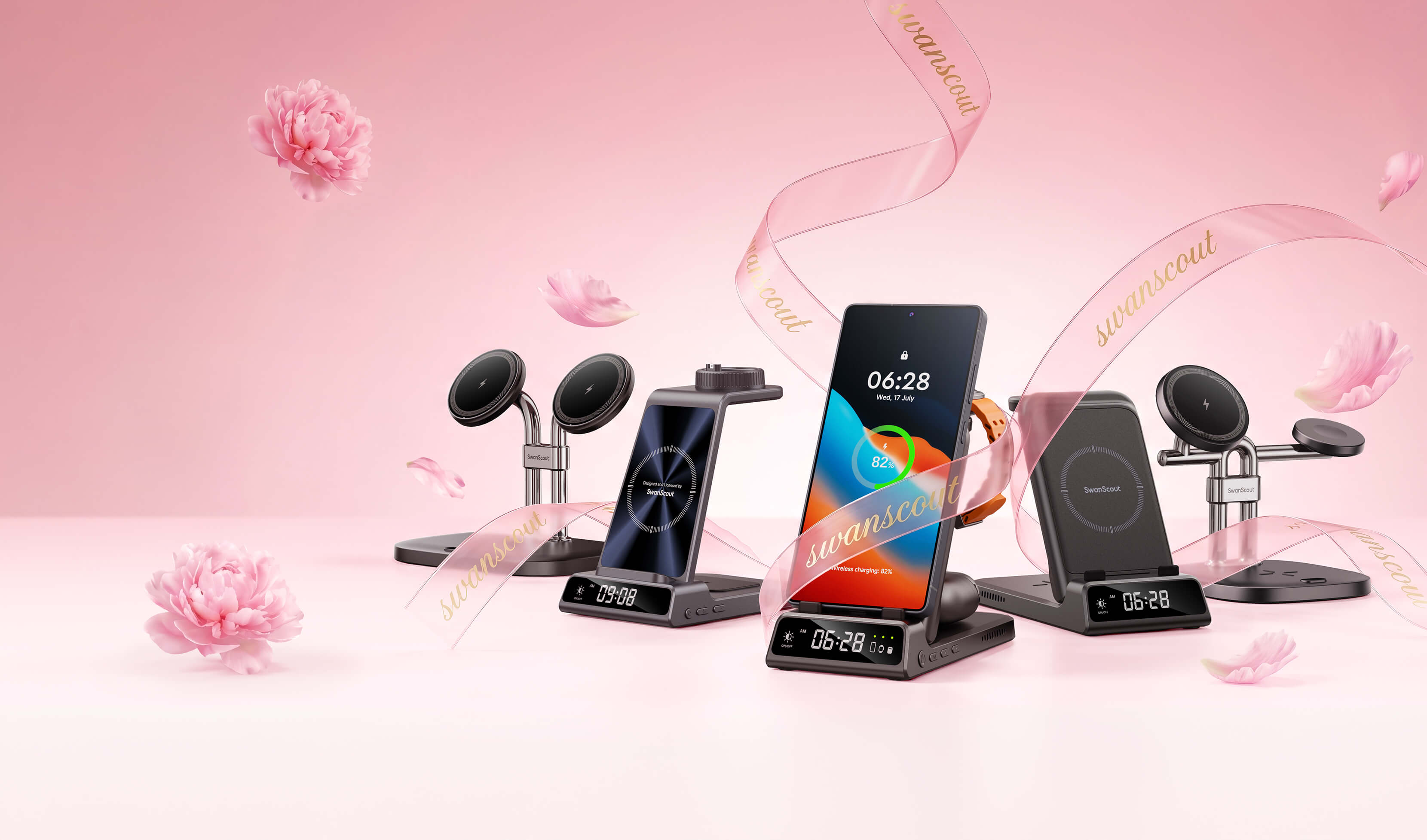 Mother’s Day promotional banner showing 5 SwanScout multi-device wireless chargers with pink floral decoration and gold logo ribbon for gift collection page