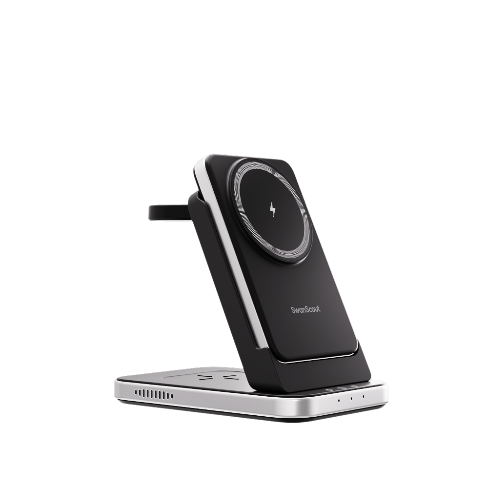 Angled front view of the SwanScout 304M dock, illustrating the seamless integration between the desktop charging stand and the portable battery pack