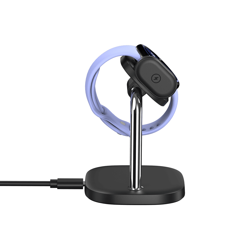 SwanScout Pixel Watch 4 wireless charging stand, side view showing sleek design and charging surface for smartwatch.