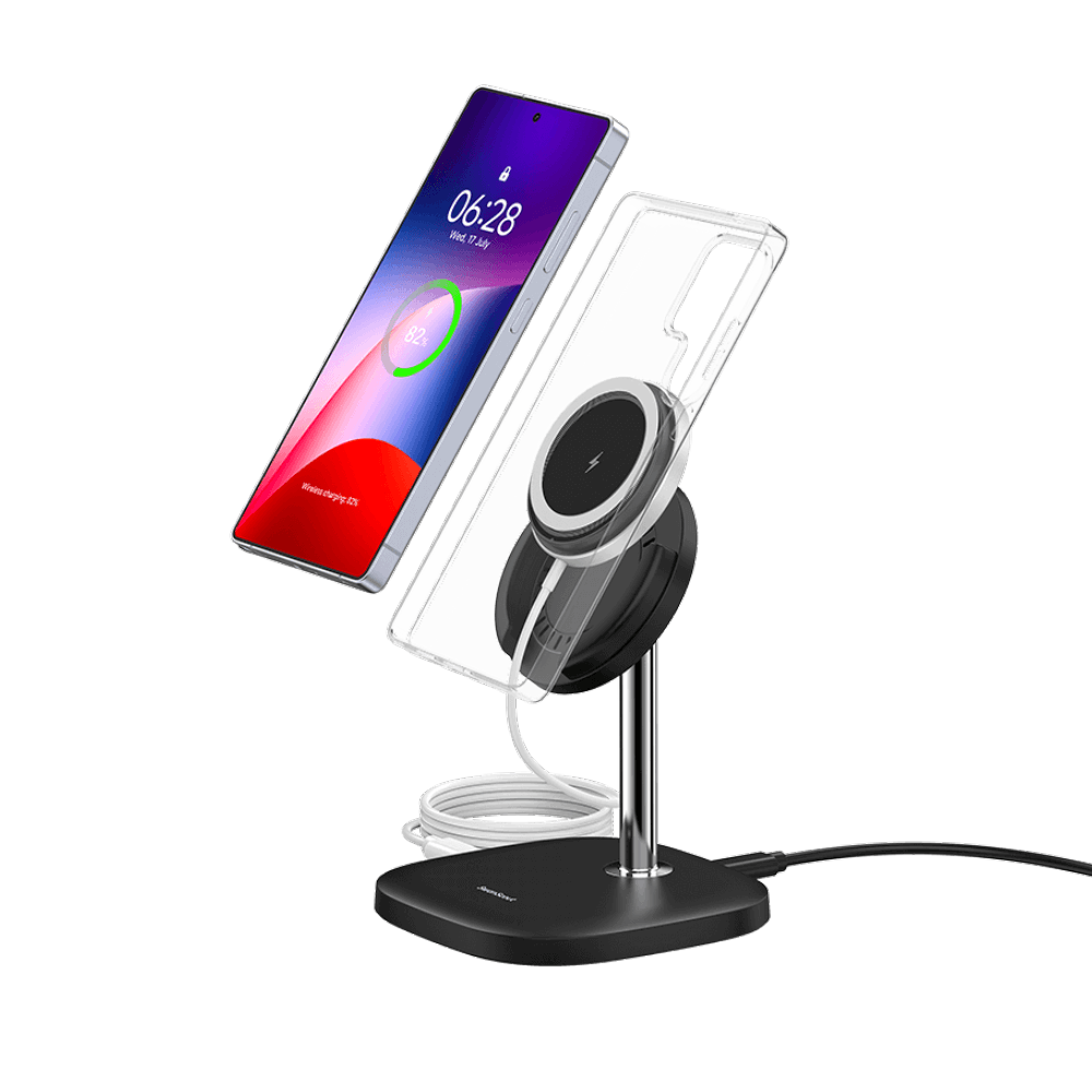 SwanScout 506SM magnetic wireless charger stand powering a Samsung Galaxy S25 Ultra with a secure magnetic phone case