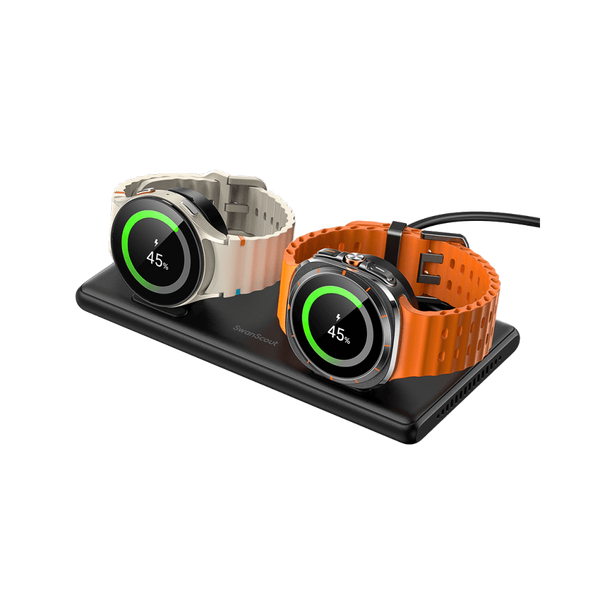 SwanScout 507DS dual wireless charger powering two Samsung watches at once, including Galaxy Watch 8 and Galaxy Watch Ultra