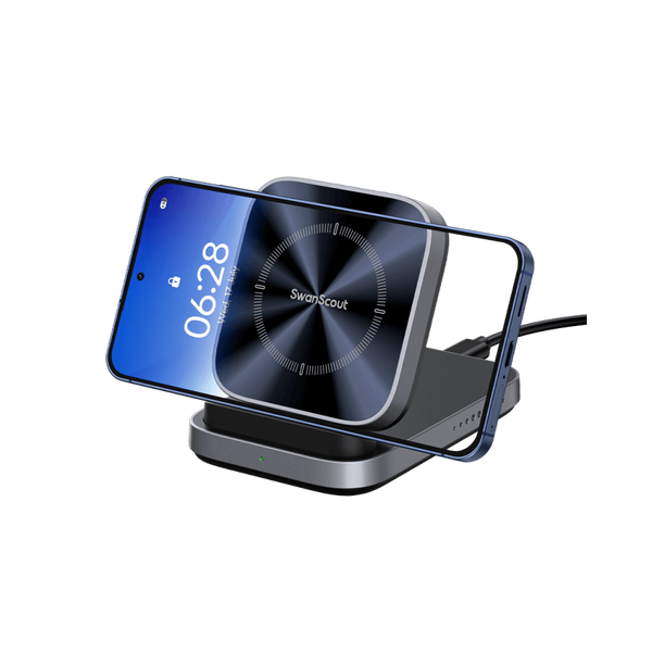 SwanScout 508 wireless charger stand powering an iPhone 17 Air in landscape mode, delivering up to 15W fast charging