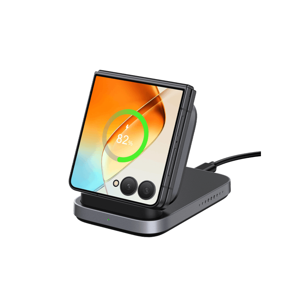 SwanScout 508F wireless charging stand powering a Samsung Galaxy Z Flip 7, optimized for both folded and upright charging modes