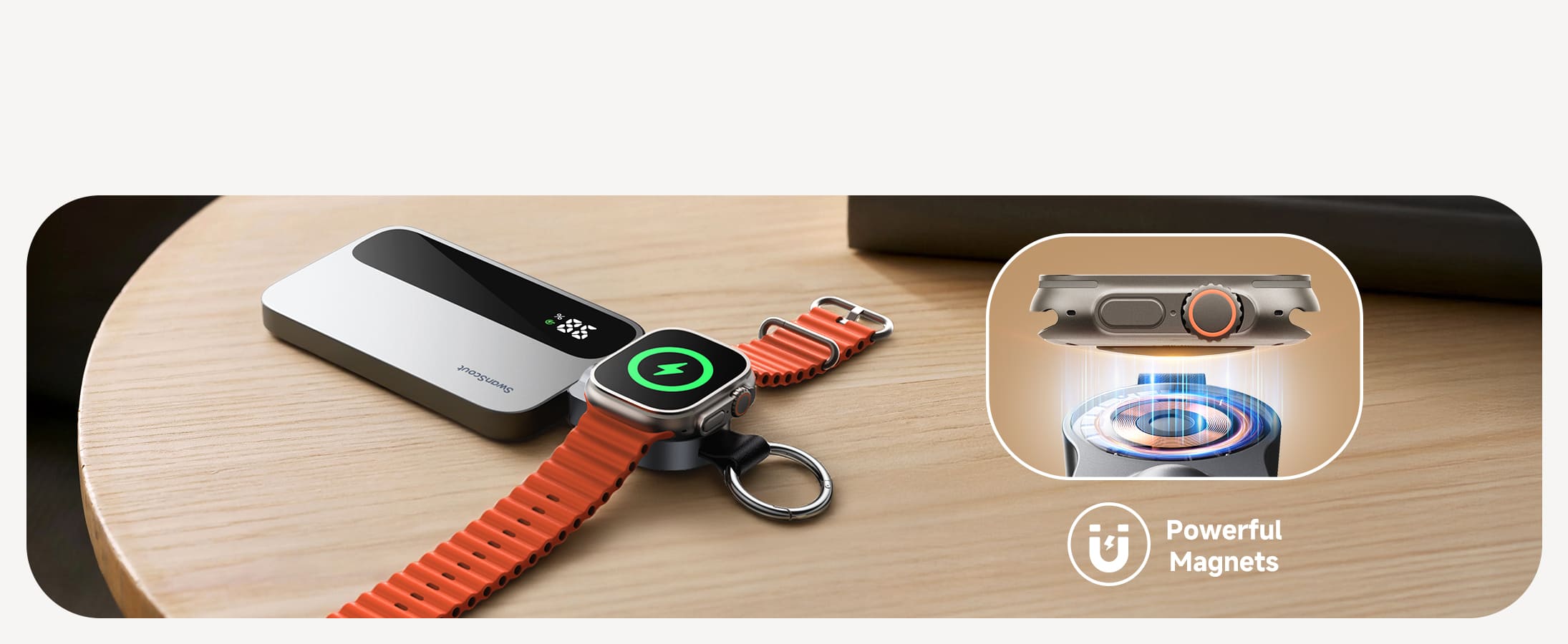Apple Watch portable charger connects to power bank for secure snap on charging ideal for travel and on the go use SwanScout 510A
