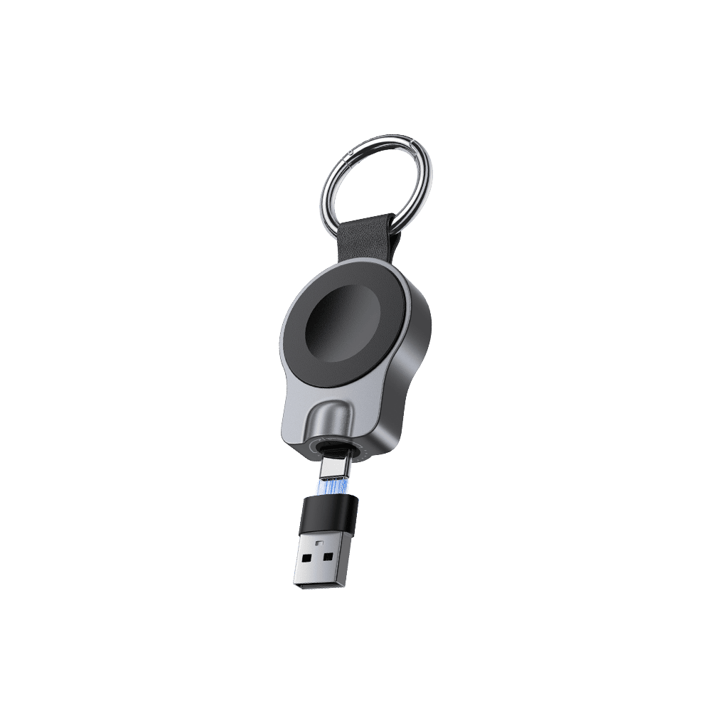 SwanScout 510A portable fast charger for Apple Watch with rotatable USB-C connector and USB-A connection in use.